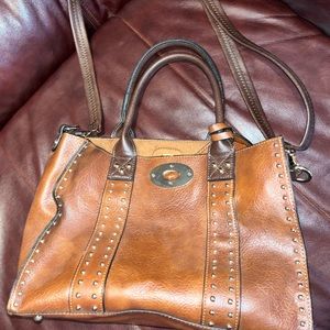 STUDDED BROWN FAUX LEATHER SATCHEL